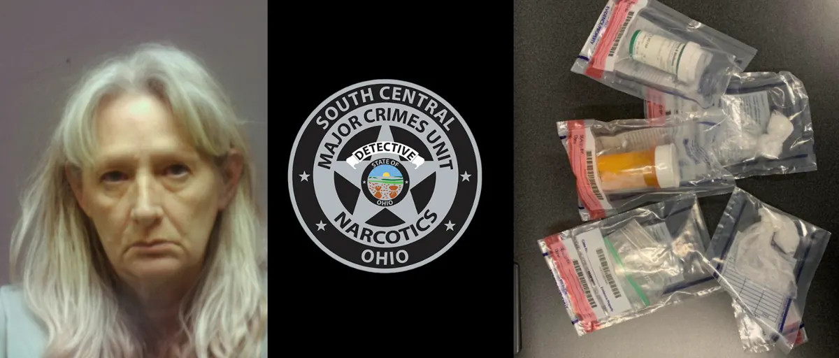 Booking photo of Lisa A Creech, the Major Crimes Unit badge, and seized suspected methamphetamine in evidence bags