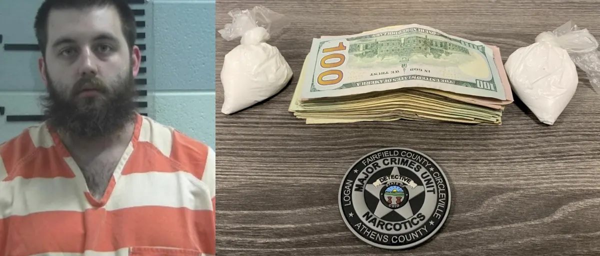 Booking photo of Chase Lockard with seized suspected fentanyl and cash beside a Major Crimes Unit badge