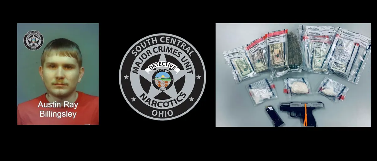 Booking photo of Austin Ray Billingsley, the Major Crimes Unit badge, and seized cash, suspected drugs and a handgun in evidence bags