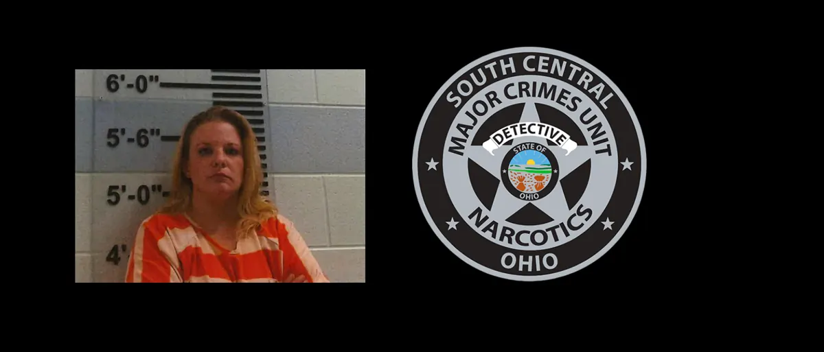 Booking photo of Shay Marie Browning beside the South Central Major Crimes Unit badge